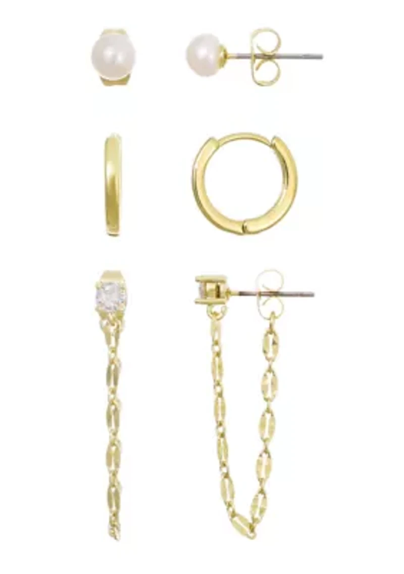 14k Gold Plated Freshwater Pearl, Huggie, and Drop Chain 3-Piece Earring Set