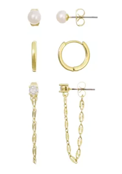 14k Gold Plated Freshwater Pearl, Huggie, and Drop Chain 3-Piece Earring Set
