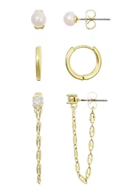 14k Gold Plated Freshwater Pearl, Huggie, and Drop Chain 3-Piece Earring Set