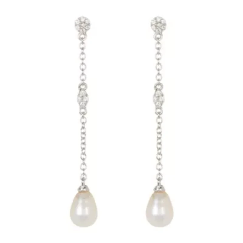 Rhodium Plated Freshwater Pearl Drop Earrings