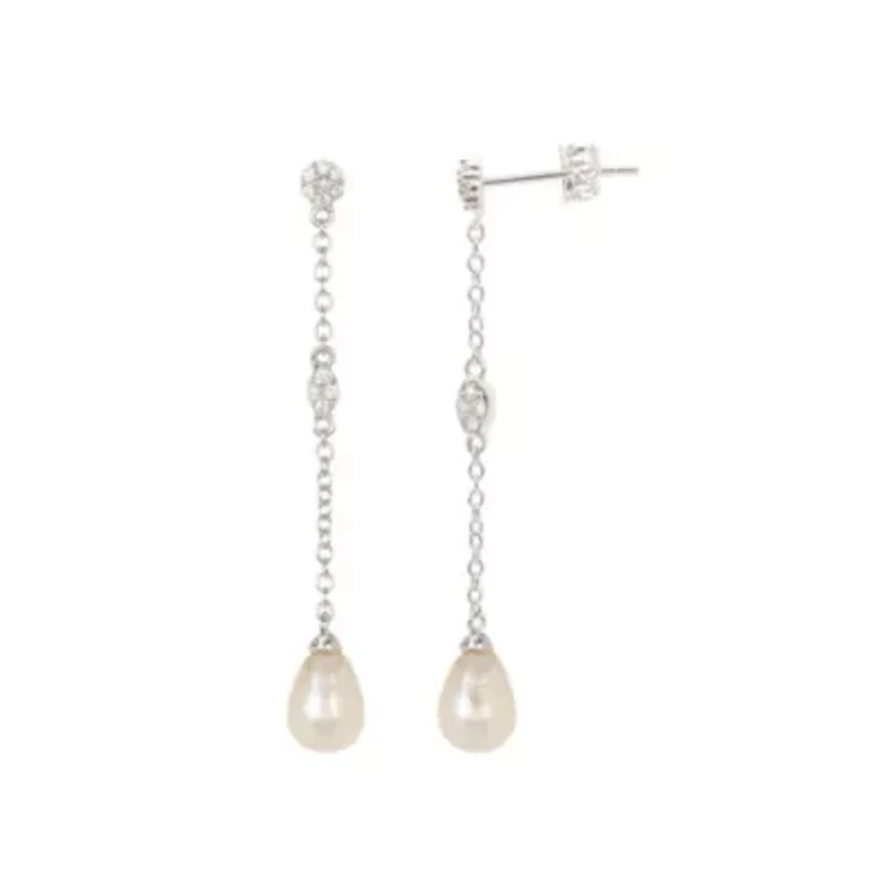 Rhodium Plated Freshwater Pearl Drop Earrings