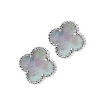 White Mother of Pearl Flower Stud Earrings silver
