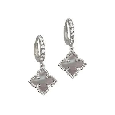 Rhodium Plated Floral White Mother of Pearl Drop Earrings