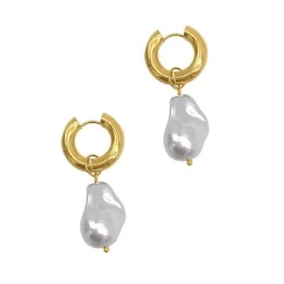 Tarnish Resistant 14k Gold Plated Shell Pearl Chubby Hoop Earrings
