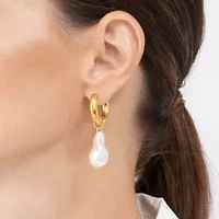 Tarnish Resistant 14k Gold Plated Shell Pearl Chubby Hoop Earrings