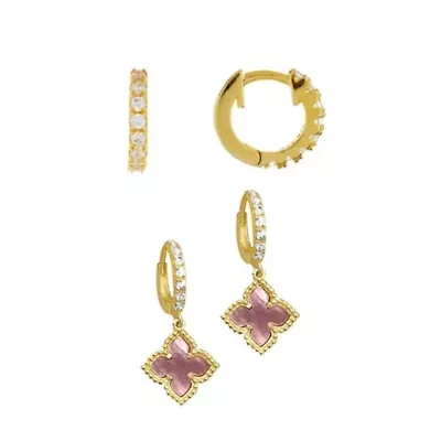 14k Gold Plated Pink Mother of Pearl Huggie Set