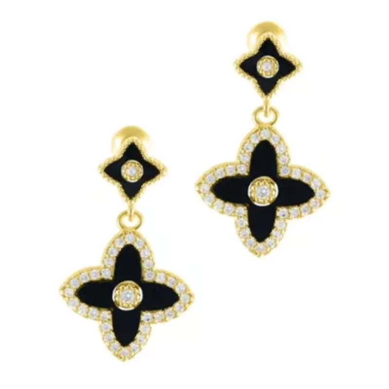 14k Gold Plated Black Clover Drop Earrings