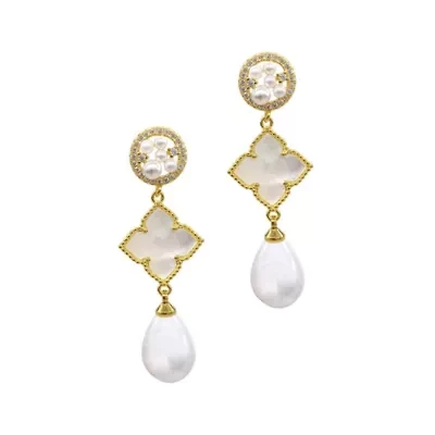 14k Gold Plated 3-Tier Flower White Mother of Pearl Drop Earrings