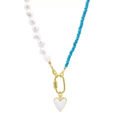 14k Gold Plated Turquoise and Freshwater Pearl Lock and Heart Pendant Necklace