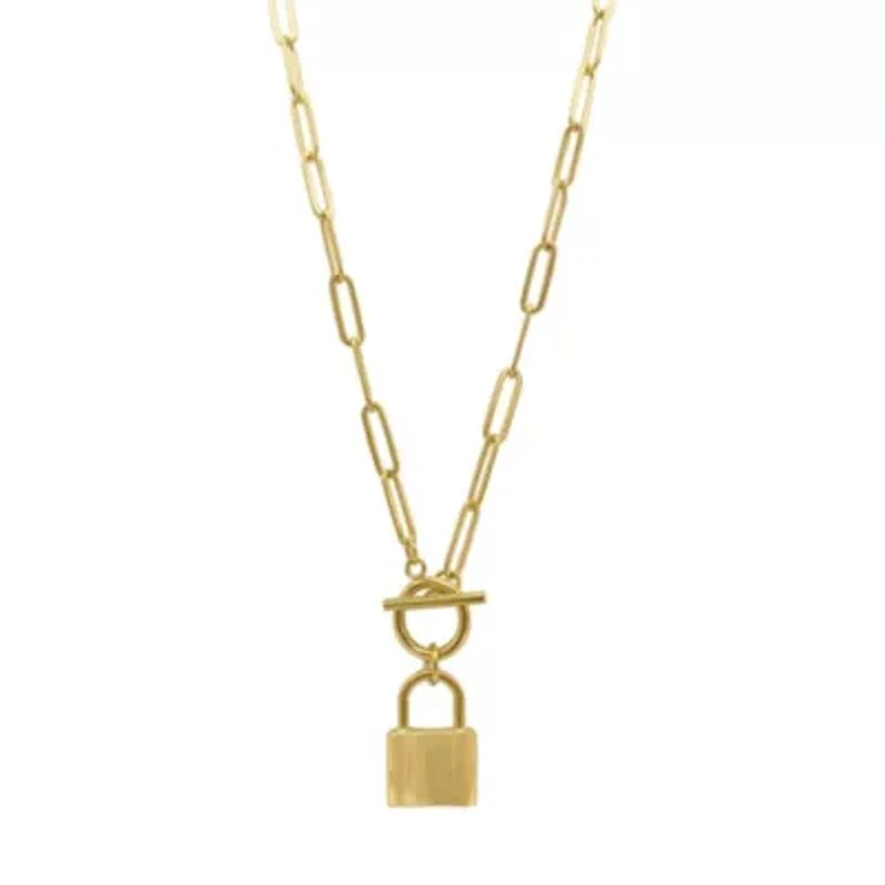 Tarnish Resistant 14k Gold Plated Lock Paper Clip Chain Toggle Necklace