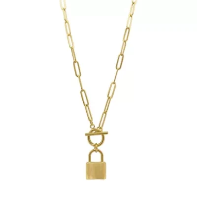 Tarnish Resistant 14k Gold Plated Lock Paper Clip Chain Toggle Necklace