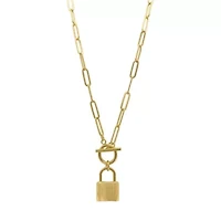 Tarnish Resistant 14k Gold Plated Lock Paper Clip Chain Toggle Necklace