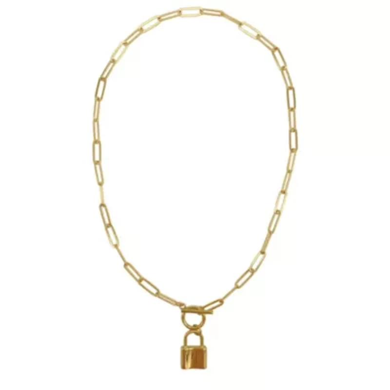 Tarnish Resistant 14k Gold Plated Lock Paper Clip Chain Toggle Necklace