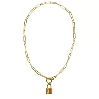 Tarnish Resistant 14k Gold Plated Lock Paper Clip Chain Toggle Necklace