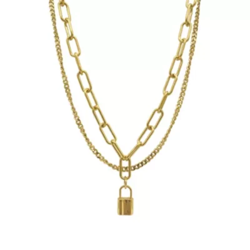 Tarnish Resistant 14k Gold Plated Layered Curb and Paper Clip Chain Lock Necklace