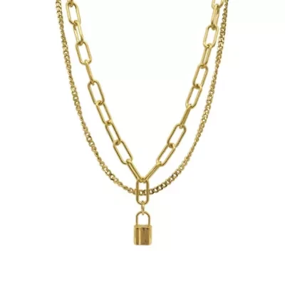 Tarnish Resistant 14k Gold Plated Layered Curb and Paper Clip Chain Lock Necklace
