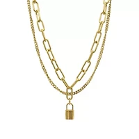 Tarnish Resistant 14k Gold Plated Layered Curb and Paper Clip Chain Lock Necklace
