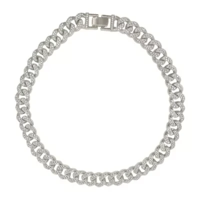 Rhodium Plated Flat Curb CZ Chain Necklace
