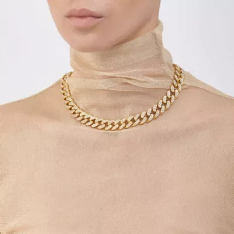 14k Gold Plated Flat Curb CZ Chain Necklace