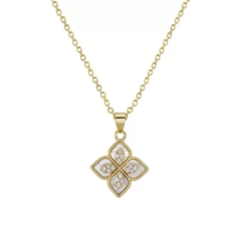 14k Gold Plated Renaissance Flower Crystal White Mother of Pearl Necklace