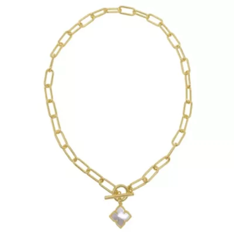 14k Gold Plated Flower White Mother of Pearl Paper Clip Chain Toggle Necklace