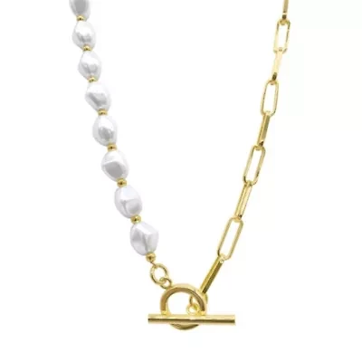 Tarnish Resistant 14k Gold Plated Pearl and Paper Clip Chain Toggle Necklace
