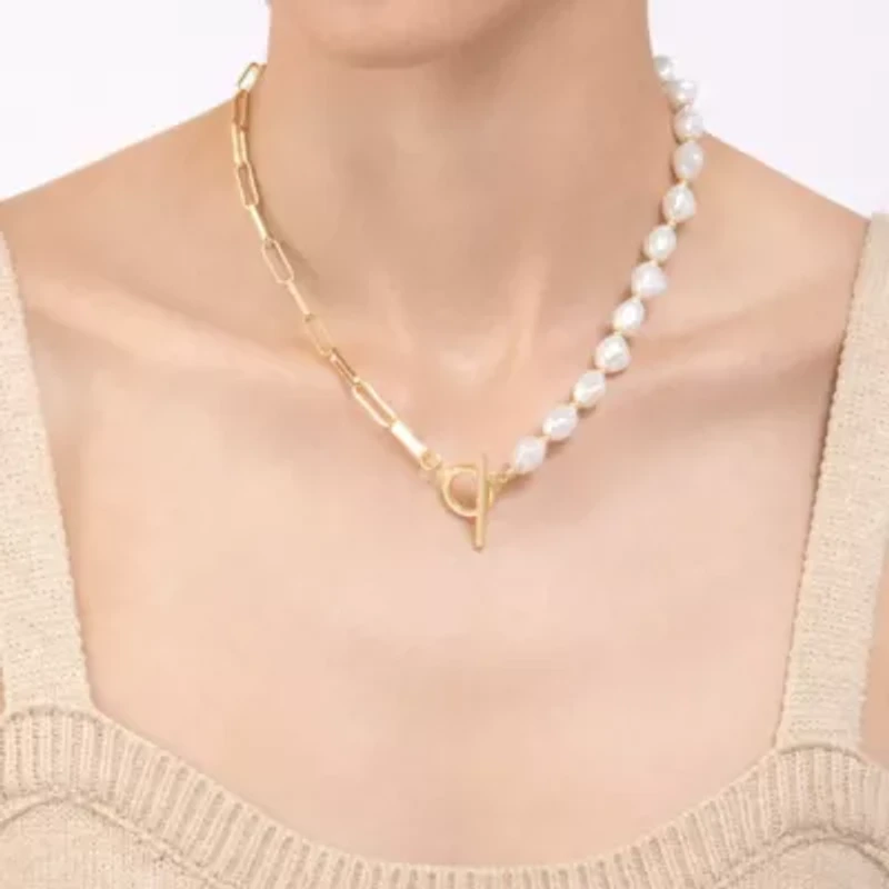 Tarnish Resistant 14k Gold Plated Pearl and Paper Clip Chain Toggle Necklace