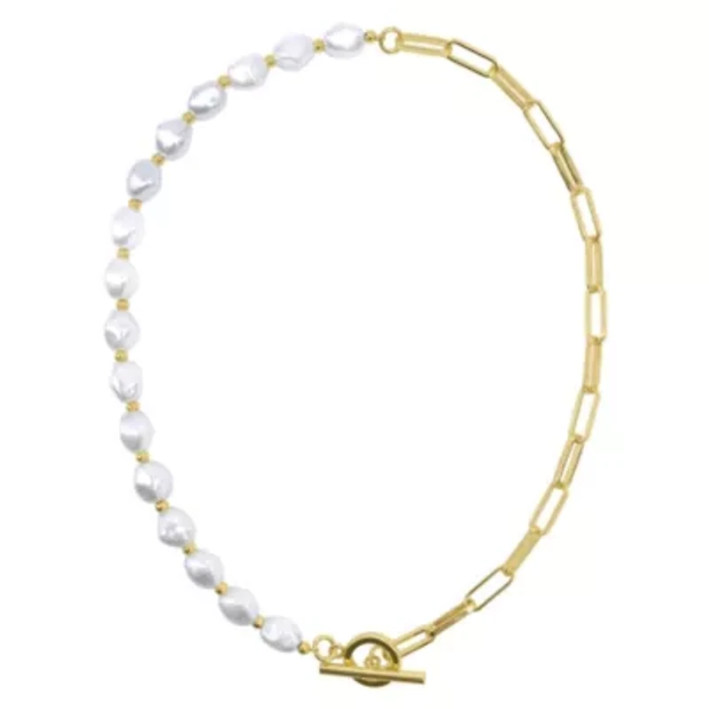 Tarnish Resistant 14k Gold Plated Pearl and Paper Clip Chain Toggle Necklace