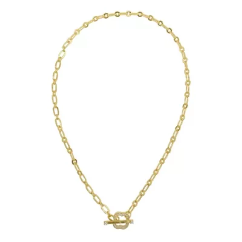 14k Gold Plated Crystal Clover Paper Clip Chain Toggle Necklace