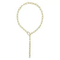 14k Gold Plated Paper Clip Chain Lariat Necklace with Crystal Adjustable Lock