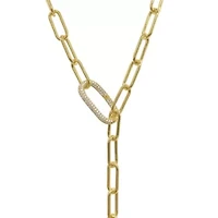 14k Gold Plated Paper Clip Chain Lariat Necklace with Crystal Adjustable Lock