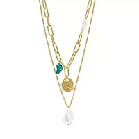 14k Gold Plated Pearl and Turquoise Stone Pendants Layered Necklace