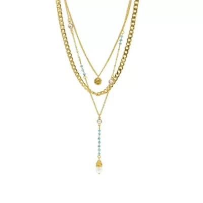 14k Gold Plated Freshwater Pearl and Turquoise Beaded Layered Necklace