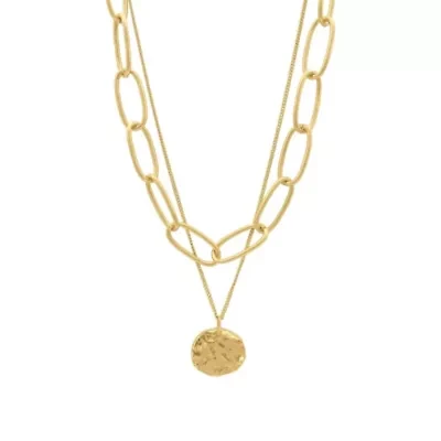 14k Gold Plated Oval Link Chain and Coin Pendant Layered Necklace