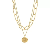 14k Gold Plated Oval Link Chain and Coin Pendant Layered Necklace