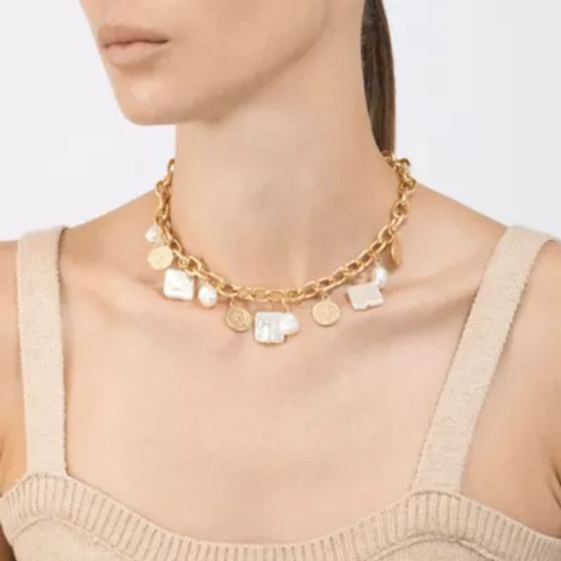14k Gold Plated Oval Link Chain with Hammered Coin and Multishape Pearl Charms Necklace