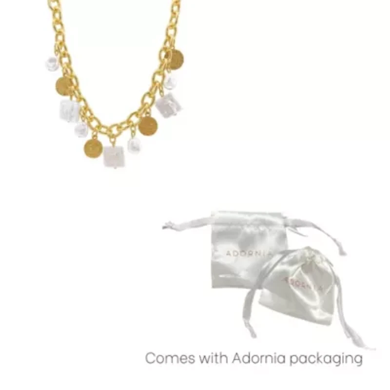 14k Gold Plated Oval Link Chain with Hammered Coin and Multishape Pearl Charms Necklace