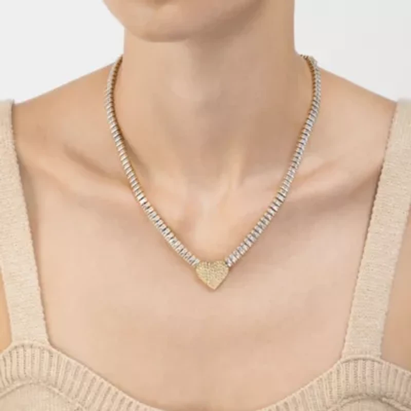 14k Gold Plated Baguette Tennis Necklace with Pave Heart Pendant