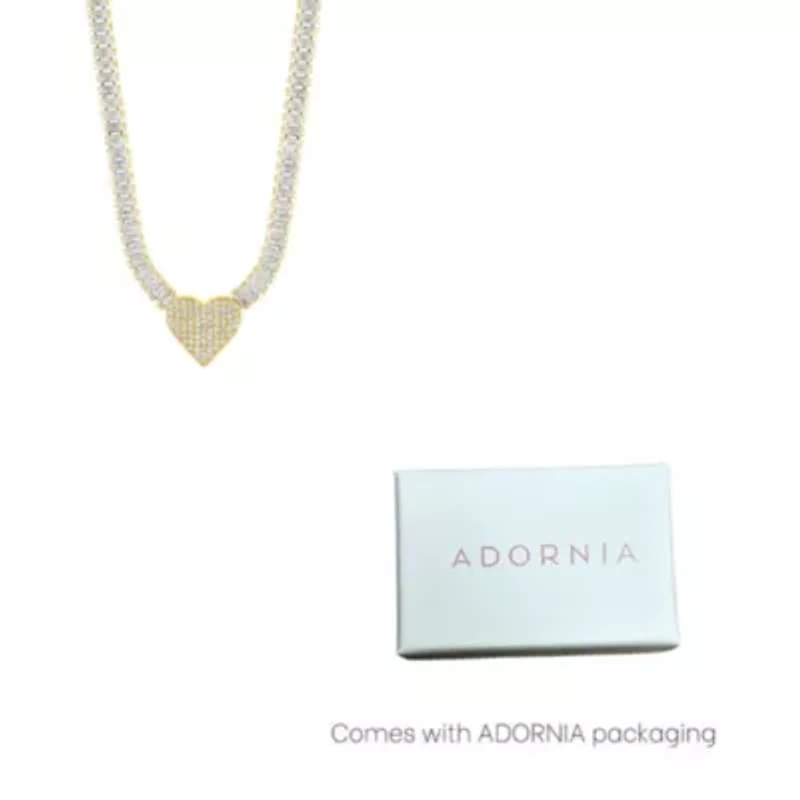 14k Gold Plated Baguette Tennis Necklace with Pave Heart Pendant