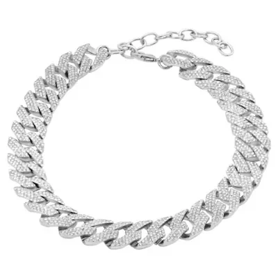 Rhodium Plated Edgy Cuban Crystal Adjustable Choker Chain Necklace