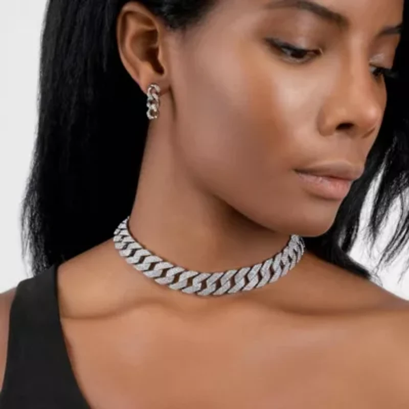Rhodium Plated Edgy Cuban Crystal Adjustable Choker Chain Necklace
