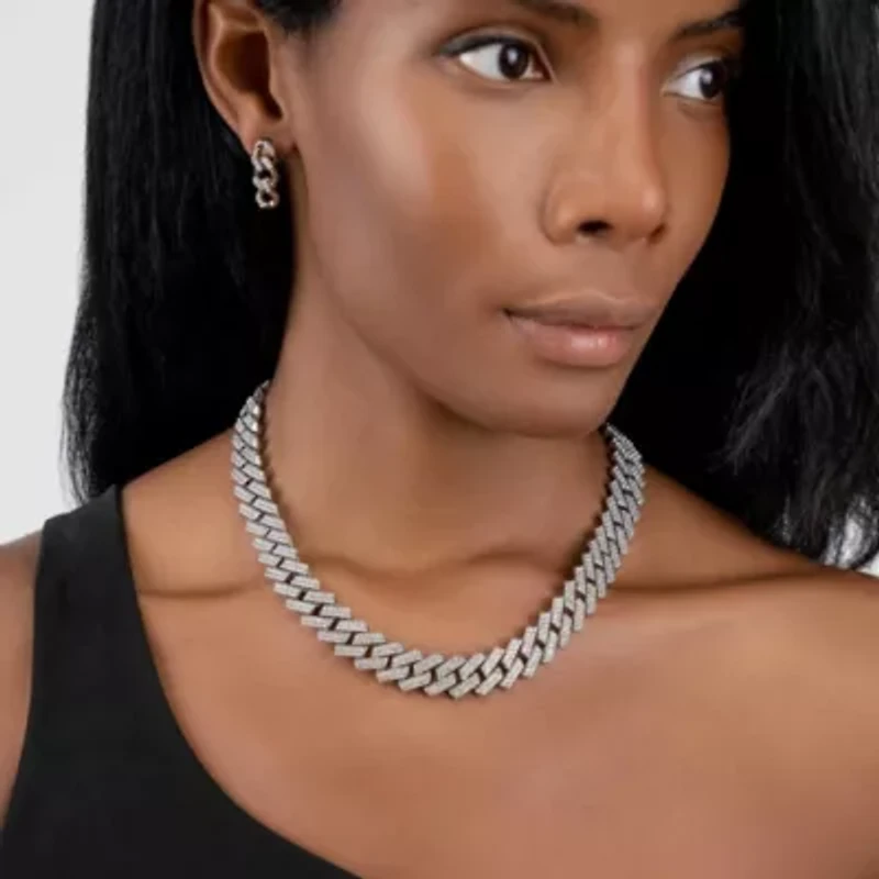 Rhodium Plated Edgy Cuban Crystal Chain Necklace