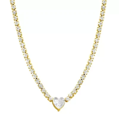 Tarnish Resistant Crystal Heart Tennis Chain Necklace gold