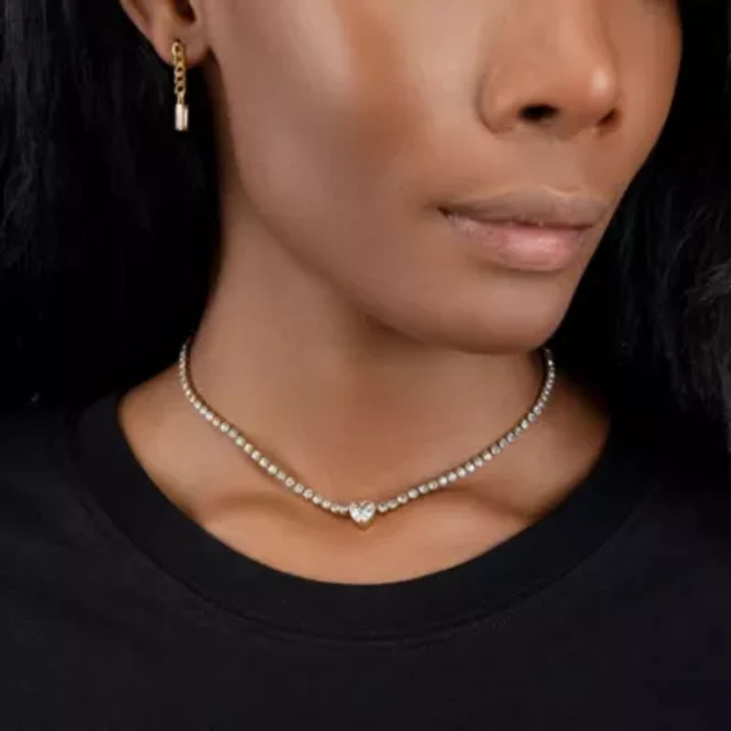 Tarnish Resistant Crystal Heart Tennis Chain Necklace gold