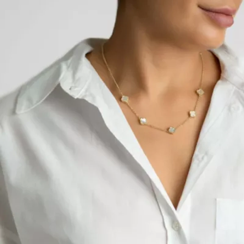 White Mother of Pearl Flower Station Necklace gold