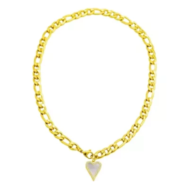 Tarnish Resistant 14k Gold Plated Figaro Chain With Crystal Halo Mother-of-Pearl Heart