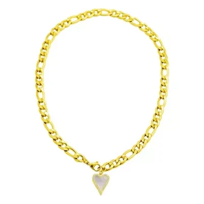 Tarnish Resistant 14k Gold Plated Figaro Chain With Crystal Halo Mother-of-Pearl Heart