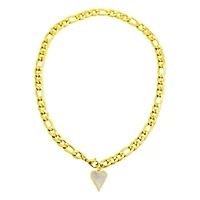 Tarnish Resistant 14k Gold Plated Figaro Chain With Crystal Halo Mother-of-Pearl Heart