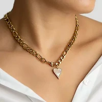 Tarnish Resistant 14k Gold Plated Figaro Chain With Crystal Halo Mother-of-Pearl Heart