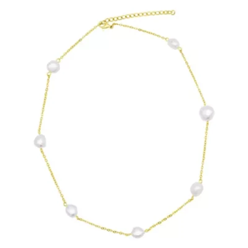 Tarnish Resistant 14k Gold Plated Adjustable Station Freshwater Pearl Necklace